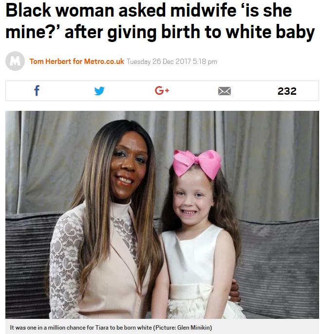「どう見ても私の子には見えない」と悩んできた母親（画像は『Metro　2017年12月26日付「Black woman asked midwife ‘is she mine?’ after giving birth to white baby」（Picture: Glen Minikin）』のスクリーンショット）