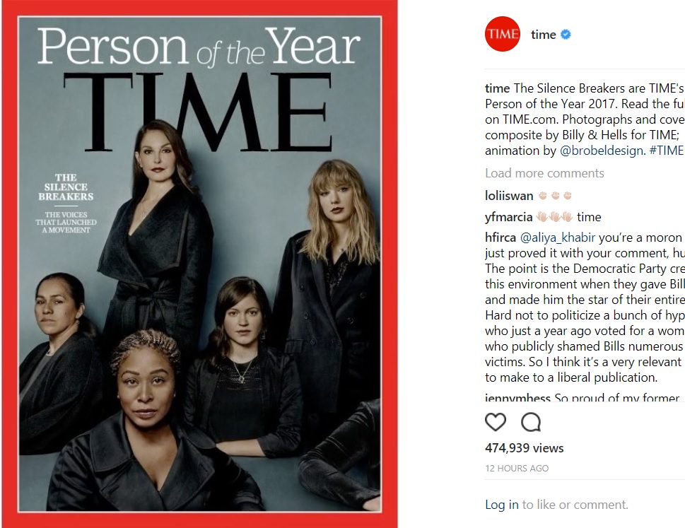 『タイム』誌表紙を飾った「サイレンス・ブレイカーズ（沈黙を破る人たち）」（画像は『TIME　2017年12月6日付Instagram「The Silence Breakers are TIME’s Person of the Year 2017.」』のスクリーンショット）