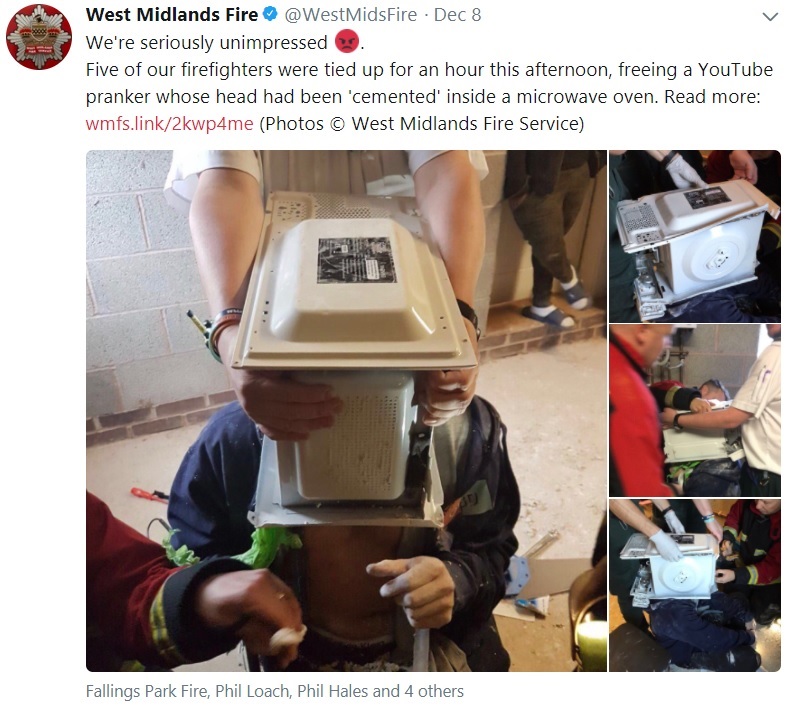 YouTuberの愚行に消防署員も怒りのツイート（画像は『West Midlands Fire　2017年12月7日付Twitter「We’re seriously unimpressed」』のスクリーンショット）