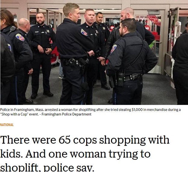 警察官があちこちにいるスーパーマーケットで万引き事件発生（画像は『The Herald Sun　2017年12月20日付「There were 65 cops shopping with kids. And one woman trying to shoplift， police say.」（Framingham Police Department）』のスクリーンショット）