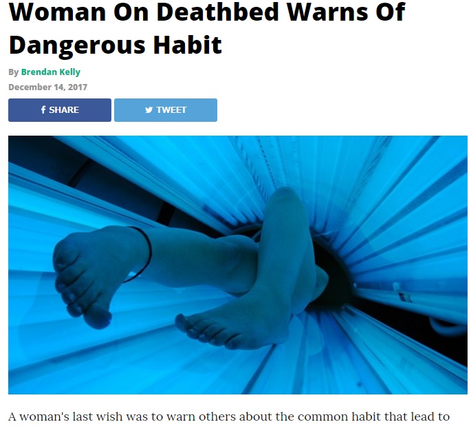 日焼けサロンの危険性を告げて女性はあの世へ（画像は『America Now　2017年12月14日付「Woman On Deathbed Warns Of Dangerous Habit」』のスクリーンショット）