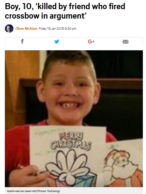 10歳男児、喧嘩した友人のクロスボウで死亡（画像は『Metro　2018年1月19日付「Boy, 10, ‘killed by friend who fired crossbow in argument’」（Picture: YouCaring）』のスクリーンショット）