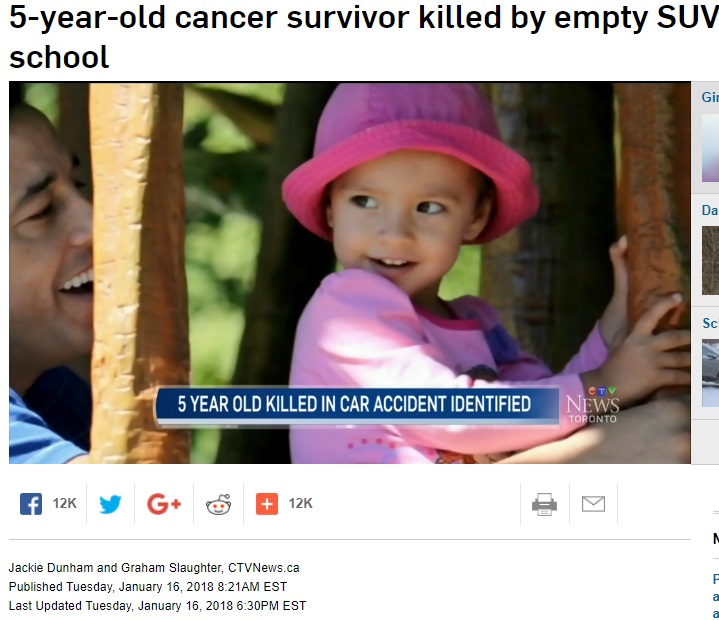 5歳女児のあまりにも悲運な生涯（画像は『CTV News　2018年1月16日付「5-year-old cancer survivor killed by empty SUV outside Toronto school」』のスクリーンショット）
