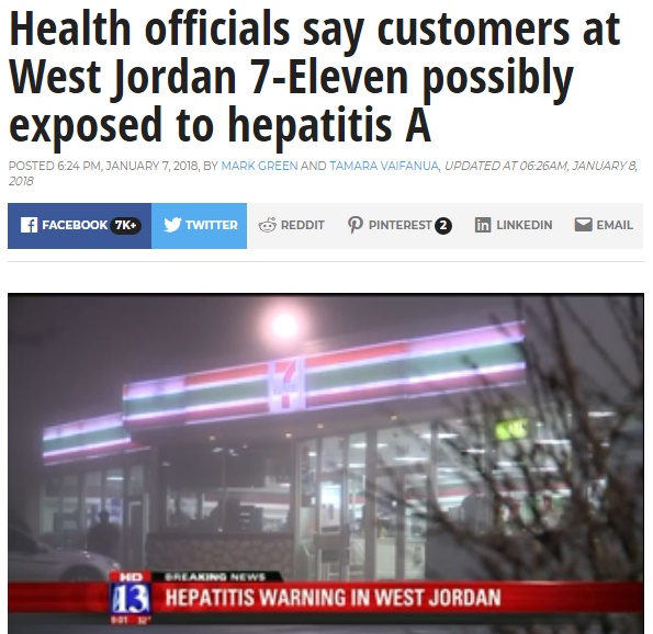 ユタ州のあるセブン-イレブンの店舗で利用客に衝撃走る（画像は『Fox 13　2018年1月8日付「Health officials say customers at West Jordan 7-Eleven possibly exposed to hepatitis A」』のスクリーンショット）