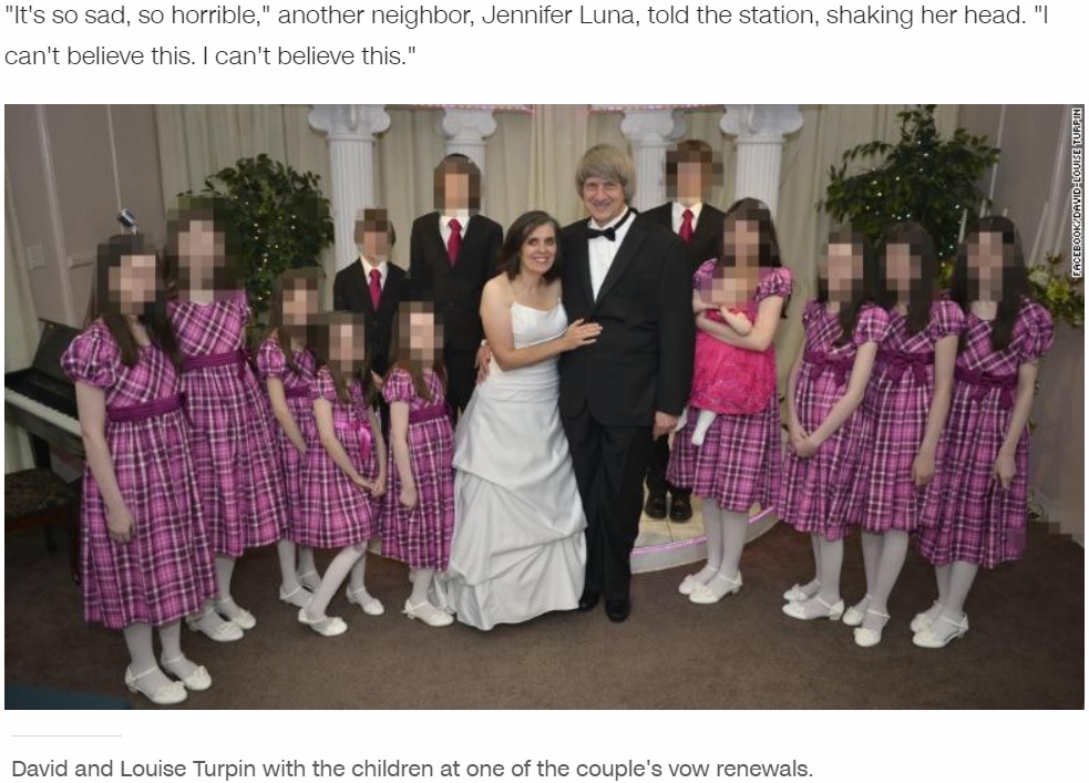 13人の子供を監禁した容疑で両親逮捕（画像は『CNN　2018年1月17日付「13 siblings held captive in filthy California home, police say」（Facebook David-Louise Turpin）』のスクリーンショット）