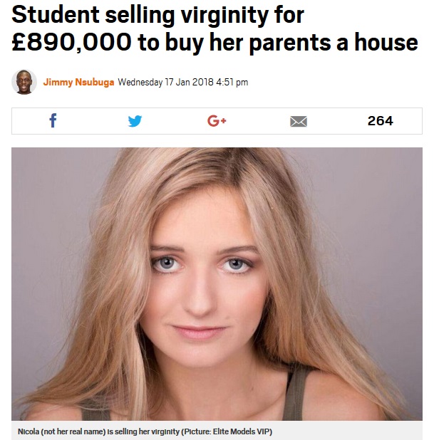 自分の処女をオークションに賭けた18歳（画像は『Metro　2018年1月17日付「Student selling virginity for ￡890,000 to buy her parents a house」（Picture: Elite Models VIP）』のスクリーンショット）