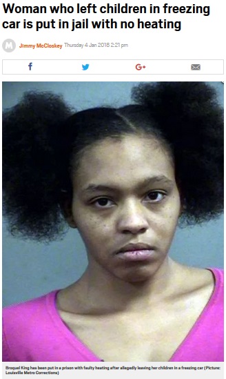 3人の子を凍える車内に置き去りにした母（画像は『Metro　2018年1月4日付「Woman who left children in freezing car is put in jail with no heating」（Picture: Louisville Metro Corrections）』のスクリーンショット）