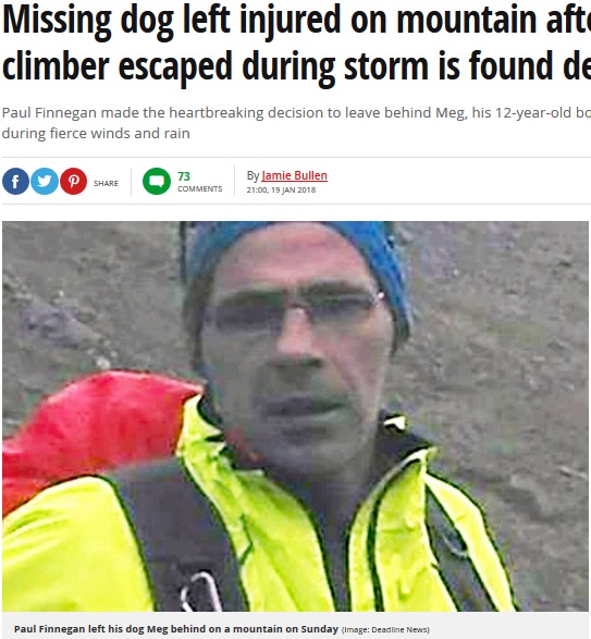 動けなくなった飼い犬を山に置き去りにした登山者（画像は『Mirror　2018年1月19日付「Missing dog left injured on mountain after “heartless” climber escaped during storm is found dead」（Image: Deadline News）』のスクリーンショット）