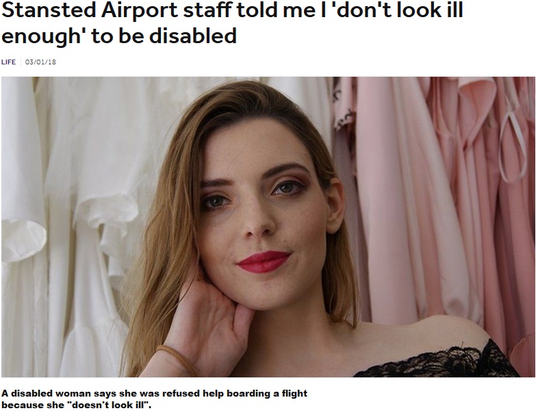 複数の遺伝子疾患を抱える女性、空港スタッフから酷い仕打ち（画像は『BBC News　2018年1月4日付「Stansted Airport staff told me I ‘don’t look ill enough’ to be disabled」』のスクリーンショット）
