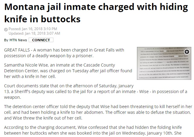 女がナイフを隠し持って拘置所へ（画像は『KPAX.com　2018年1月18日付「Montana jail inmate charged with hiding knife in buttocks」』のスクリーンショット）