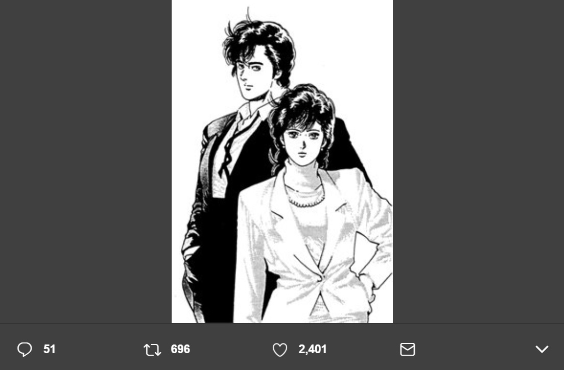 冴羽獠と槇村香（画像は『神谷明　2018年1月10日付Twitter「懐かしいあの名コンビのイラストが出てきました。」』のスクリーンショット）