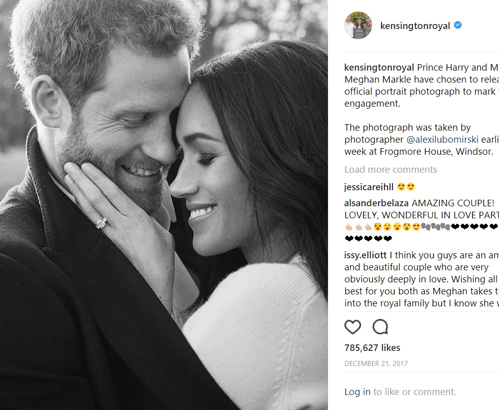 幸せそうなメーガンだが異母兄は…（画像は『Kensington Palace　2017年12月21日付Instagram「Prince Harry and Ms. Meghan Markle have chosen to release this official portrait photograph to mark their engagement.」』のスクリーンショット）