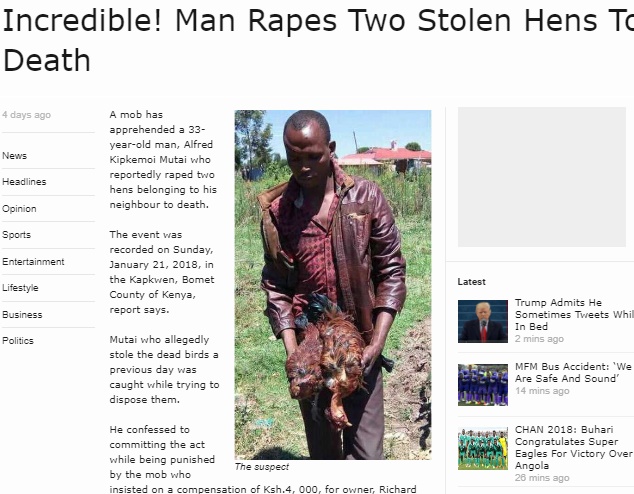ケニアの男がニワトリを強姦（画像は『P.M. News Nigeria　2018年1月25日付「Incredible! Man Rapes Two Stolen Hens To Death」』のスクリーンショット）