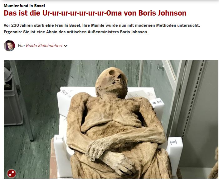 ミイラはジョンソン英外務大臣の9代前の先祖だった（画像は『SPIEGEL ONLINE　2018年1月25日付「Das ist die Ur-ur-ur-ur-ur-ur-ur-Oma von Boris Johnson」（Guido Kleinhubbert）』のスクリーンショット）