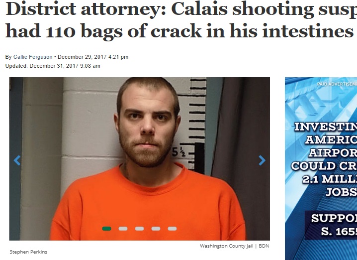 男の腸にコカイン110袋（画像は『Bangor Daily News　2017年12月31日付「District attorney: Calais shooting suspect had 110 bags of crack in his intestines」（Washington County Jail）』のスクリーンショット）