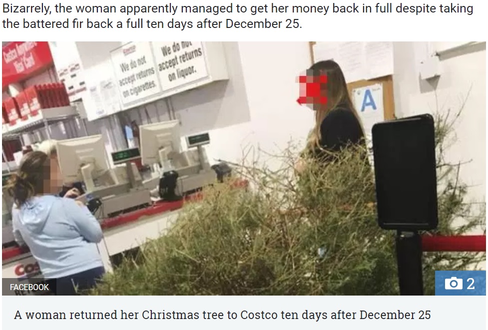 枯れたクリスマスツリーを持ち運んだ女性客「返金を！」（画像は『The Sun　2018年1月11日付「WOOD YOU BELIEVE IT？ Woman takes Christmas tree back to Costco in January for a refund because it was dead」（Facebook）』のスクリーンショット）