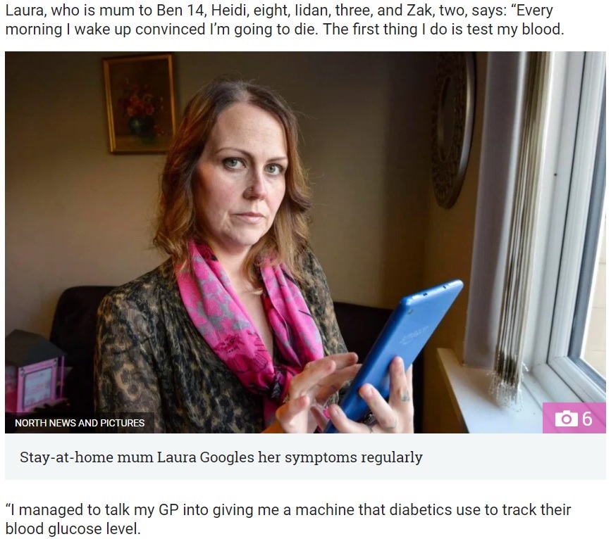 グーグル検索で毎日健康チェックする34歳4児の母親（画像は『The Sun　2018年1月18日付「DOCTOR GOOGLE Stay-at-home mum, 34, admits she checks Google everyday and thinks she is going to die — as experts slam rise of cyberchondriacs」（IMAGE: NORTH NEWS AND PICTURES）』のスクリーンショット）