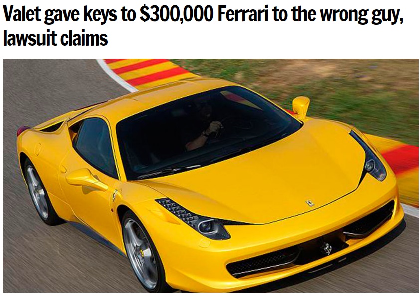 バレーパーキング係員のミスで高級車が消える（画像は『Tampa Bay Times　2018年1月25日付「Valet gave keys to ＄300,000 Ferrari to the wrong guy, lawsuit claims」』のスクリーンショット）