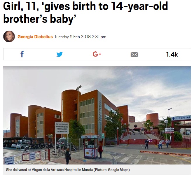 11歳妹が14歳兄の子を産む（画像は『Metro　2018年2月6日付「Girl, 11, ‘gives birth to 14-year-old brother’s baby’」（Picture: Google Maps）』のスクリーンショット）