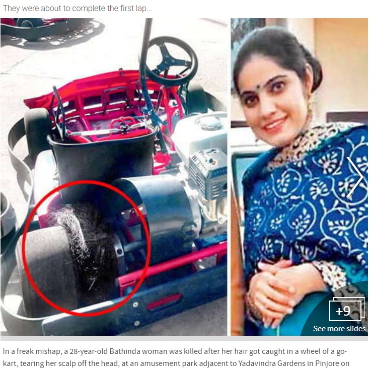 ゴーカートの車輪に髪を巻きこんでしまった女性（画像は『Daily Bhaskar　2018年2月15日付「Bathinda Woman Killed After Hair Gets Entangled In Go-Kart Wheel; It Teared The 28-year-Old’s Scalp Off」』のスクリーンショット）