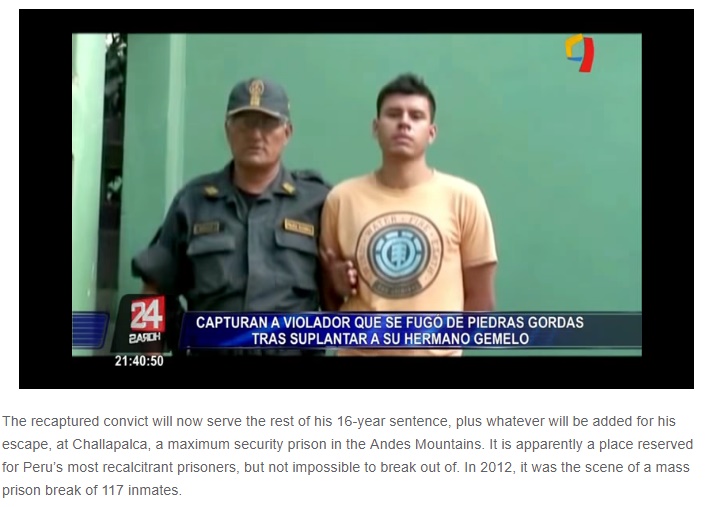 双子、刑務所の面会で入れ替わる（画像は『Oddity Central　2018年2月15日付「Peruvian Police Capture Inmate Who Escaped Prison by Leaving Twin Brother in His Place」』のスクリーンショット）