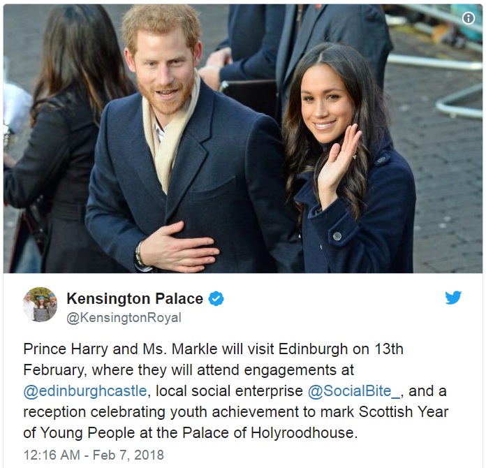 ロマンチック派のメーガンさん、ヘンリー王子とどんなバレンタインデーに？（画像は『Kensington Palace　2018年2月6日付Twitter「Prince Harry and Ms. Markle will visit Edinburgh on 13th February,」』のスクリーンショット）