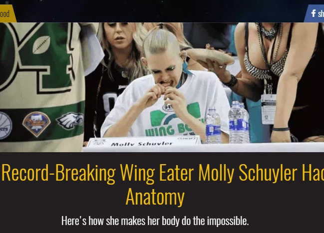 米女性モリー・スカイラーさん、30分間に手羽先501本を平らげる（画像は『Inverse　2018年2月2日付「How Record-Breaking Wing Eater Molly Schuyler Hacks Anatomy」』のスクリーンショット）