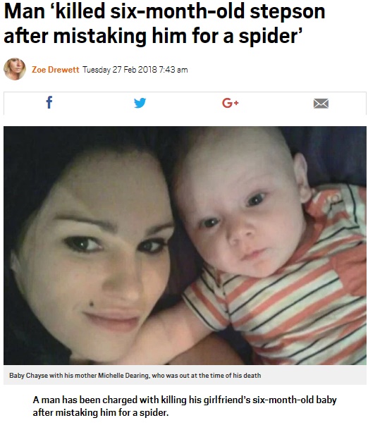 オーストラリアで巨大蜘蛛と勘違いされた赤ちゃんが殺される（画像は『Metro　2018年2月27日付「Man ‘killed six-month-old stepson after mistaking him for a spider’」』のスクリーンショット）