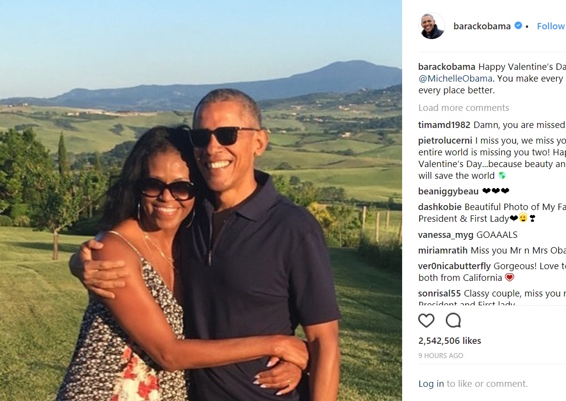 退任後も絶大な人気を誇るオバマ前大統領夫妻（画像は『Barack Obama　2018年2月14日付Instagram「Happy Valentine’s Day, ＠MichelleObama.」』のスクリーンショット）