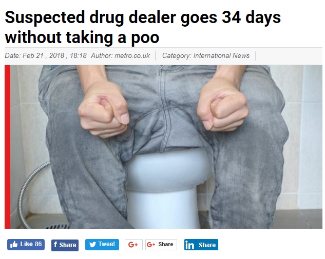 その後も便秘を続けていた麻薬密売の容疑者（画像は『Graphic Online　2018年2月21日付「Suspected drug dealer goes 34 days without taking a poo」』のスクリーンショット）