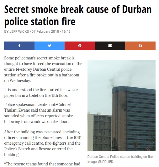 ダーバン警察署で火災（画像は『SowetanLIVE　2018年2月7日付「Secret smoke break cause of Durban police station fire」』のスクリーンショット）