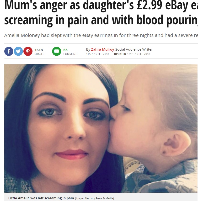 ピアスで感染症を起こした3歳児とその母親（画像は『Mirror　2018年2月19日付「Mum’s anger as daughter’s ￡2.99 eBay earrings leave her screaming in pain and with blood pouring from lobe」（Image: Mercury Press ＆ Media）』のスクリーンショット）