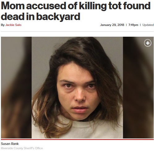 3歳娘の殺害容疑で逮捕された母親（画像は『New York Post　2018年1月29日付「Mom accused of killing tot found dead in backyard」（Riverside County Sheriff’s Office）』のスクリーンショット）