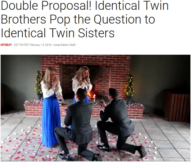 双子の男性が双子の女性に同時プロポーズ（画像は『Inside Edition　2018年2月14日付「Double Proposal! Identical Twin Brothers Pop the Question to Identical Twin Sisters」』のスクリーンショット）