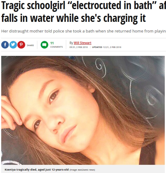 感電死した12歳少女（画像は『Mirror　2018年2月2日付「Tragic schoolgirl “electrocuted in bath” after smartphone falls in water while she’s charging it」（Image: east2west news）』のスクリーンショット）