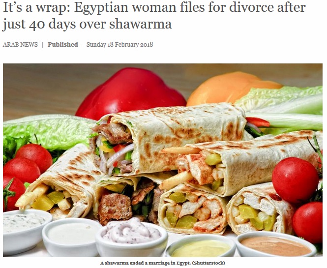 “ラップサンド”を買うことさえ許さなかった夫に妻は…（画像は『Arab News　2018年2月18日付「It’s a wrap: Egyptian woman files for divorce after just 40 days over shawarma」（Shutterstock）』のスクリーンショット）