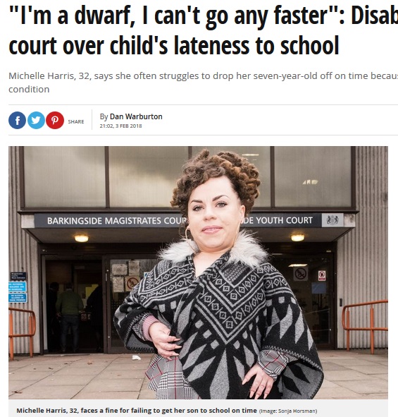 「子供の遅刻が多い」と裁判所から呼出し命令を受けた母親（画像は『Mirror　2018年2月3日付「“I’m a dwarf, I can’t go any faster”: Disabled mum faces court over child’s lateness to school」（Image: Sonja Horsman）』のスクリーンショット）