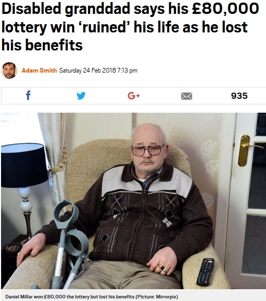 大金を手に入れたものの困窮ぶりを訴える男性（画像は『Metro　2018年2月24日付「Disabled granddad says his ￡80,000 lottery win ‘ruined’ his life as he lost his benefits」（Picture: Mirrorpix）』のスクリーンショット）