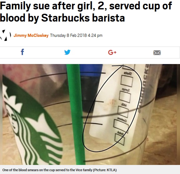 スターバックスのカップに店員の血が！（画像は『Metro　2018年2月8日付「Family sue after girl, 2, served cup of blood by Starbucks barista」（Picture: KTLA）』のスクリーンショット）