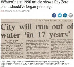 【海外発！Breaking News】ケープタウンの深刻な水不足危機、実は1990年に予測されていた（南ア）