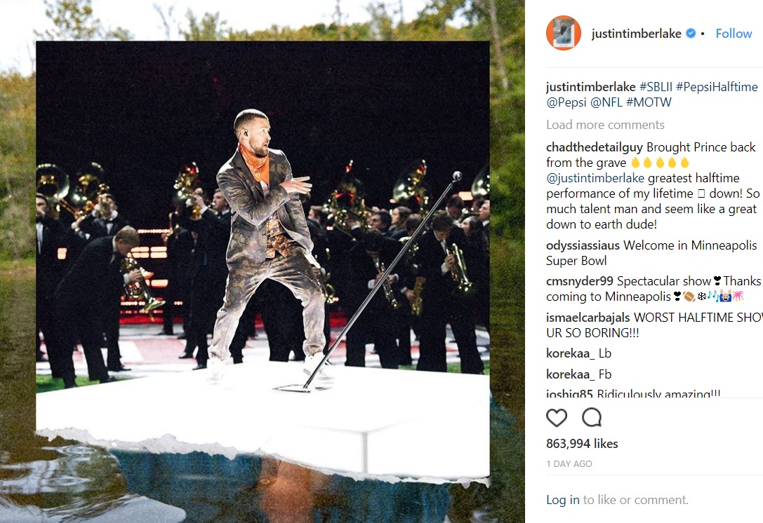 ジャスティンはパフォーマンスに満足したものの…（画像は『Justin Timberlake　2018年2月4日付Instagram「＃SBLII ＃PepsiHalftime ＠Pepsi ＠NFL ＃MOTW」』のスクリーンショット）