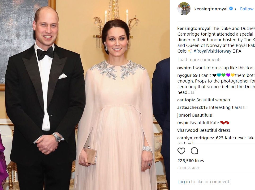 キャサリン妃は「アレキサンダー・マックイーン」のドレスで（画像は『Kensington Palace　2018年2月1日付Instagram「The Duke and Duchess of Cambridge tonight attended a special dinner in their honour hosted by The King and Queen of Norway at the Royal Palace, Oslo（PA）」』のスクリーンショット）