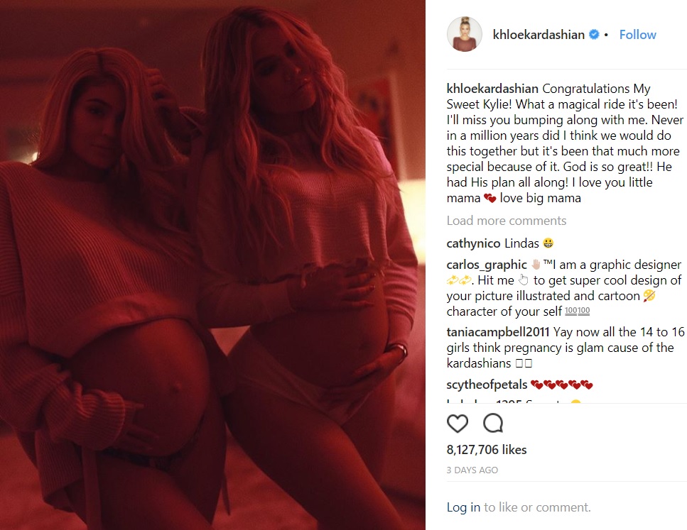 大きなお腹のカイリー＆クロエ（画像は『Khloé　2018年2月4日付Instagram「Congratulations My Sweet Kylie！」』のスクリーンショット）
