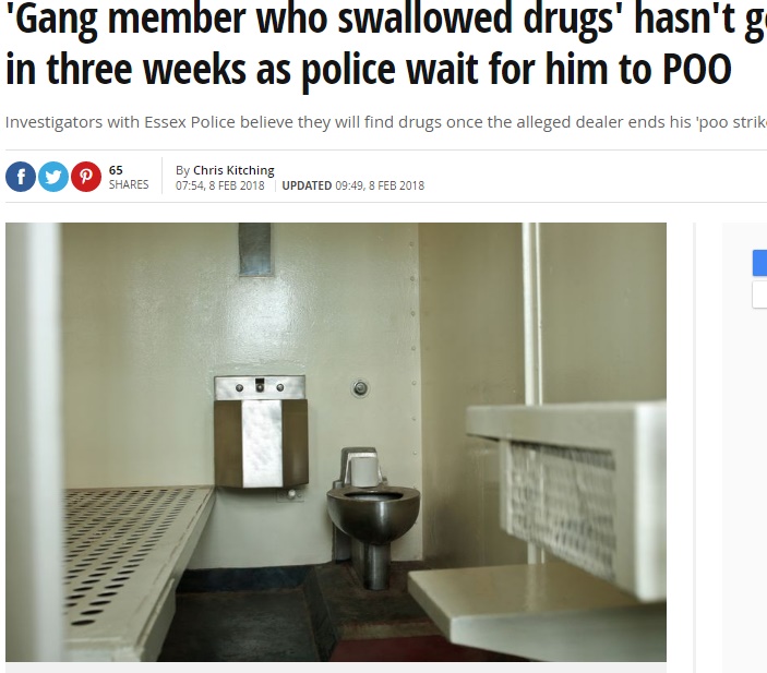 ドラッグを飲み込んだ疑いの男、排便せず3週間が経過（画像は『Mirror　2018年2月8日付「‘Gang member who swallowed drugs’ hasn’t gone to toilet in three weeks as police wait for him to POO」（Image: WIN-Initiative RM）』のスクリーンショット）