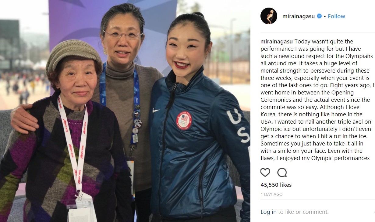 サプライズで祖母も日本から駆けつけた！（画像は『Mirai Nagasu　2018年2月24日付Instagram「Today wasn’t quite the performance I was going for but I have such a newfound respect for the Olympians all around me.」』のスクリーンショット）