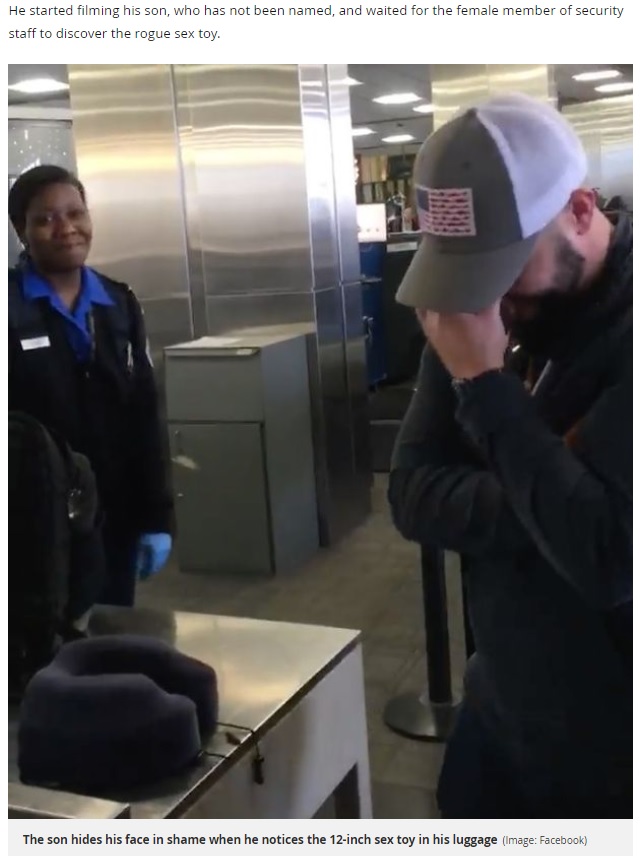 女性職員も思わず苦笑い（画像は『Mirror　2018年2月10日付「Prankster dad hides 12-inch sex toy in his son’s airport hand luggage and his reaction is priceless」（Ted Andressen Facebook）』のスクリーンショット）