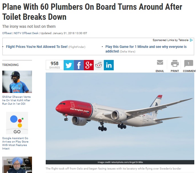 ノルウェーで飛行中の旅客機がトイレトラブル（画像は『NDTV　2018年1月31日付「Plane With 60 Plumbers On Board Turns Around After Toilet Breaks Down」（image credit：istockphoto.com/Angel Di Bilio）』のスクリーンショット）
