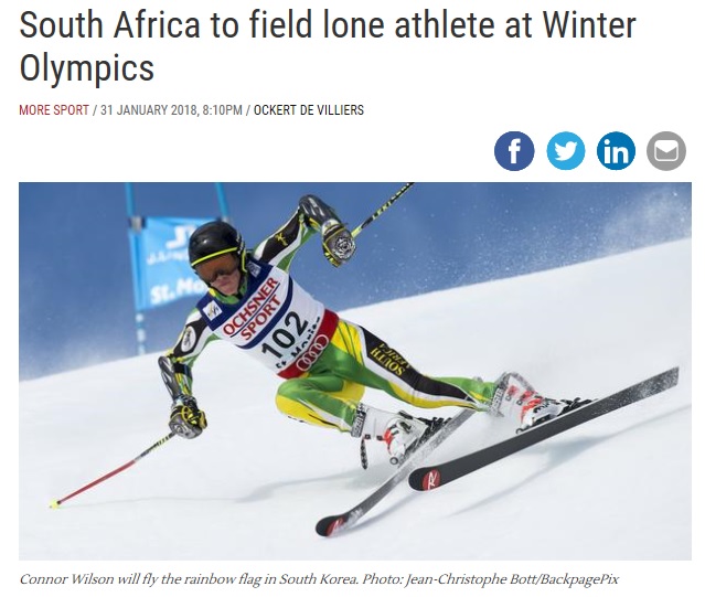 コナー・ウィルソン選手、南アフリカから平昌五輪へ（画像は『IOL　2018年1月31日付「South Africa to field lone athlete at Winter Olympics」（Photo: Jean-Christophe Bott/BackpagePix）』のスクリーンショット）