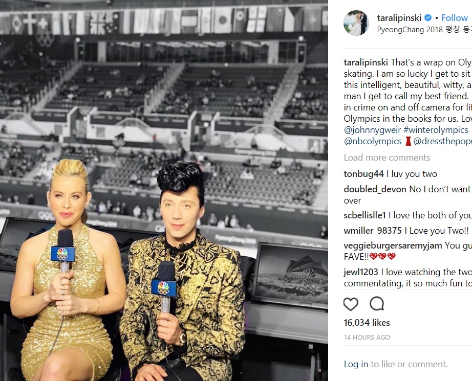 タラ＆ジョニー、長野五輪で金メダルを獲得したタラをイメージした衣装で（画像は『Tara Lipinski　2018年2月23日付Instagram「That’s a wrap on Olympic figure skating.」』のスクリーンショット）