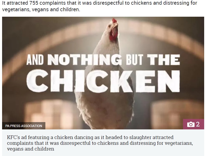 英放送の最も不愉快なCM、2017年度でKFCが1位に（画像は『The Sun　2018年2月1日付「CLUCKIN’ HELL The ten most complained about adverts of 2017 revealed ― with KFC’s dancing chicken coming out on top」（IMAGE: PA:PRESS ASSOCIATION）』のスクリーンショット）